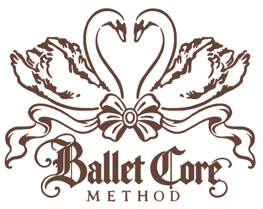 Ballet Core Method logo featuring two swans forming a heart above a bow and ribbons.